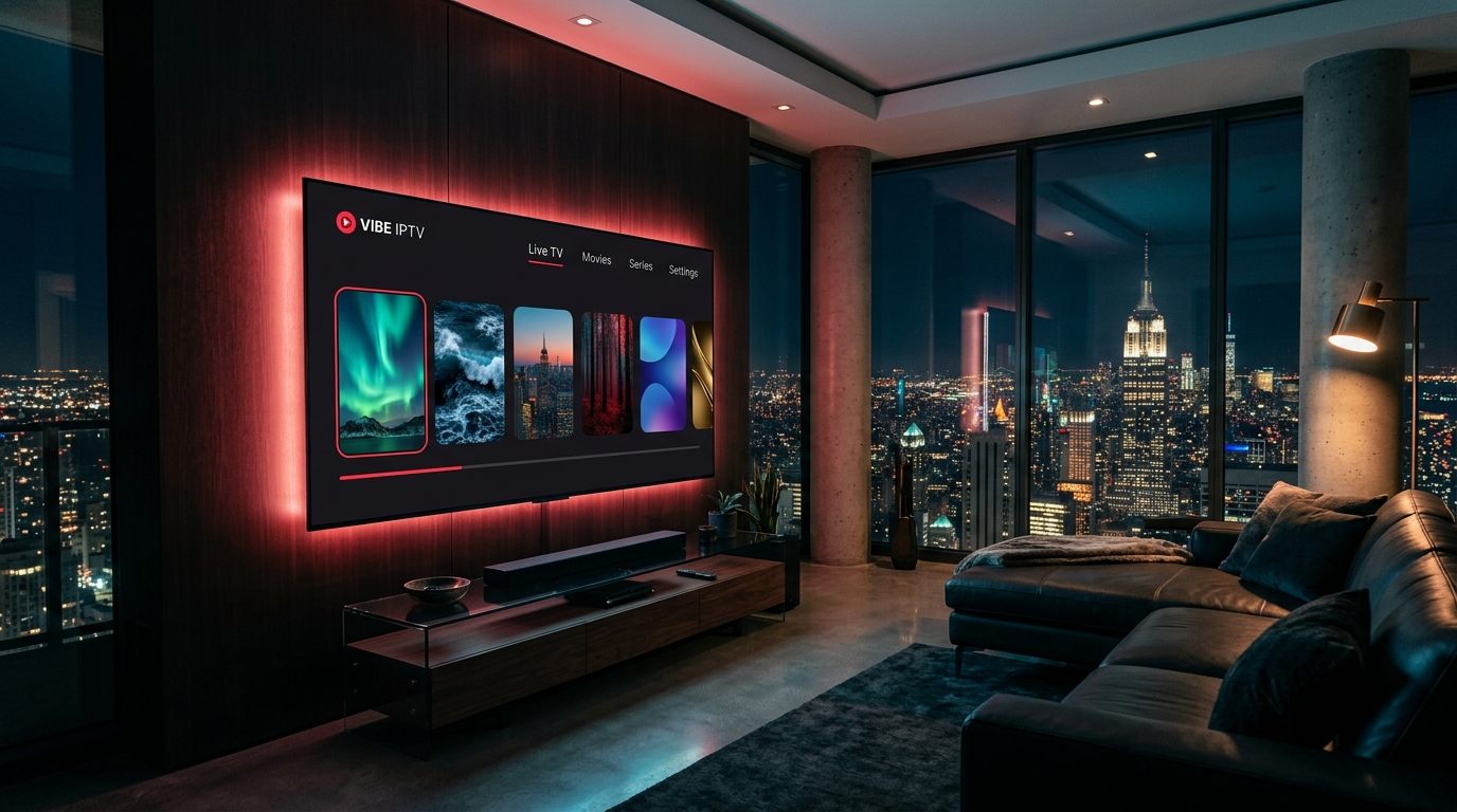 Vibe IPTV affiché sur un écran LG OLED dans un salon moderne